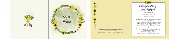 projekt zaproszenia ślubnego z wiankiem i słonecznikami, wnętrze i okładka