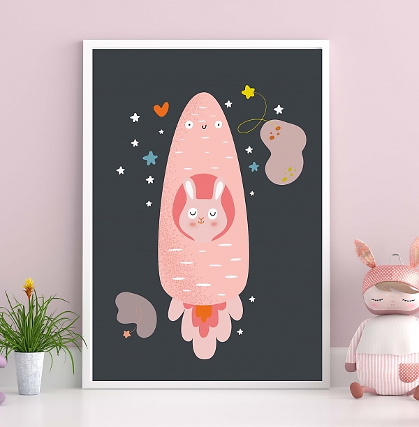 plakaty dla dziecka design kolory pastelowe mis kosmos styl skandynawski szary