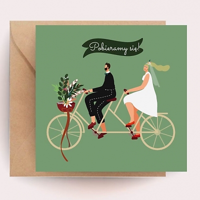 Zaproszenia ślubne z tandemem para na rowerze